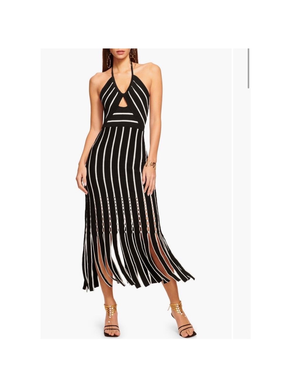 Ramy Brook Black and White Halter Fringe Midi Dress